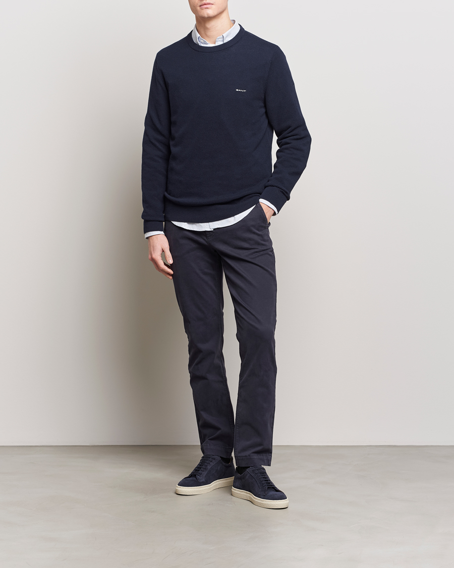 Herren | Pullover | GANT | Cotton Pique Crew Neck Sweater Evening Blue
