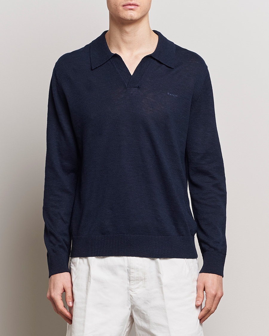 Herren | Sale | GANT | Cotton/Linen Knitted Polo Evening Blue