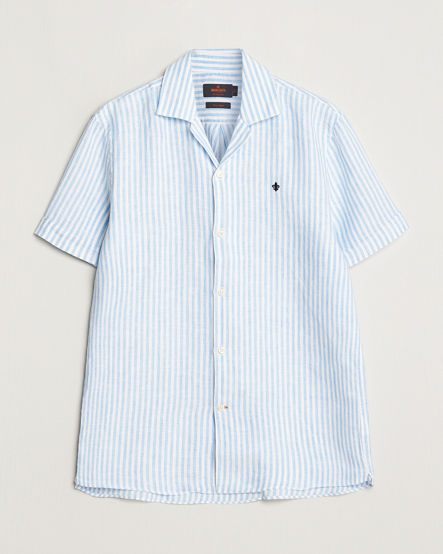 Herren | Hemden | Morris | Striped Resort Linen Short Sleeve Shirt Light Blue