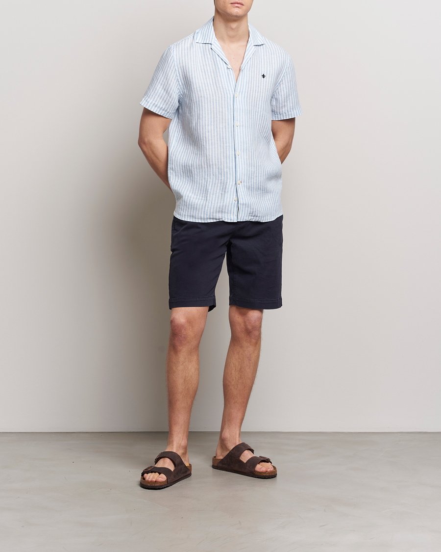 Herren | Hemden | Morris | Striped Resort Linen Short Sleeve Shirt Light Blue