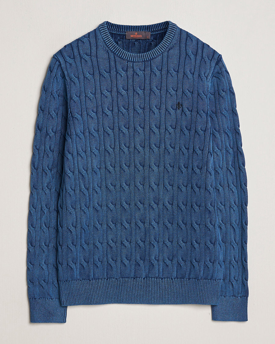Herren | Pullover | Morris | Ethan Cotton Cable Crew Neck Blue