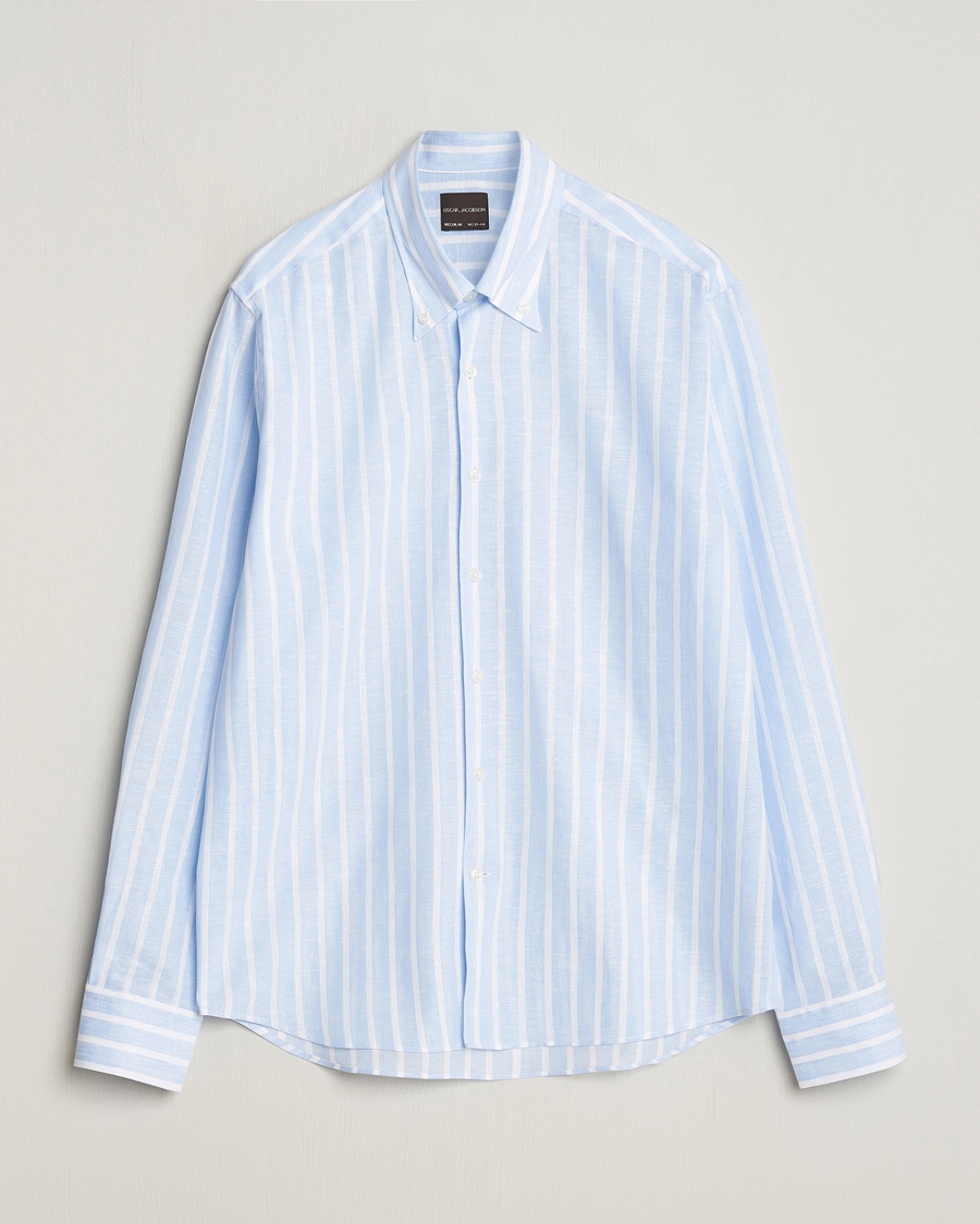 Herren | Hemden | Oscar Jacobson | Regular Fit Striped Linen Shirt Light Blue
