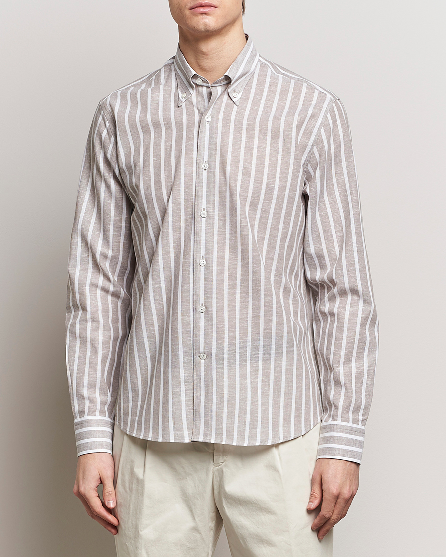 Herren | Leinenhemden | Oscar Jacobson | Regular Fit Striped Linen Shirt Brown