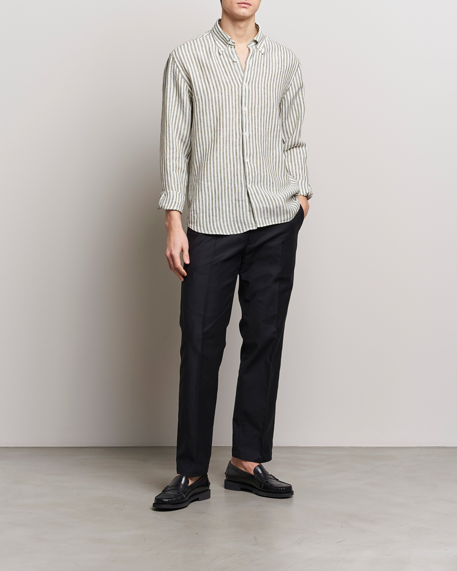 Herren | Hemden | Oscar Jacobson | Regular Fit Dress Stripe Linen Shirt Green
