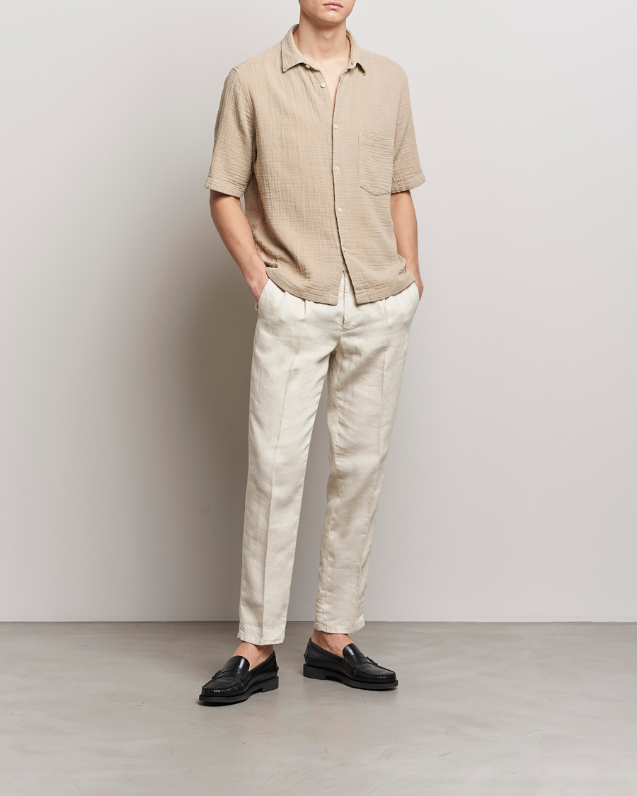 Herren | Hemden | Oscar Jacobson | Short Sleeve City Crepe Cotton Shirt Beige