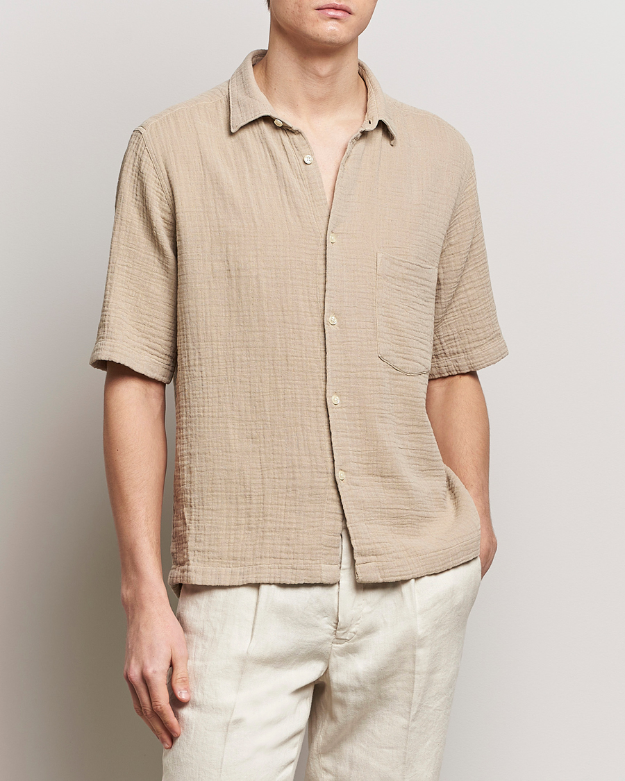 Herren | Kategorie | Oscar Jacobson | Short Sleeve City Crepe Cotton Shirt Beige
