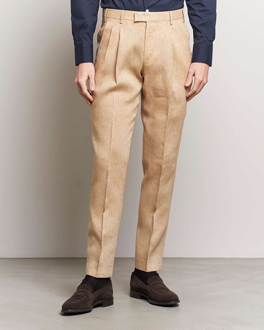 Herren | Leinenhosen | PT01 | Slim Fit Pleated Linen Trousers Light Beige