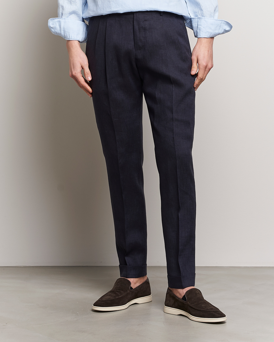 Herren | Kategorie | PT01 | Slim Fit Pleated Linen Trousers Navy
