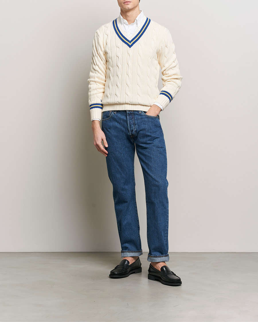 Herren | Pullover | Polo Ralph Lauren | Cricket Cotton V-Neck Sweater Cream/Navy Stripe