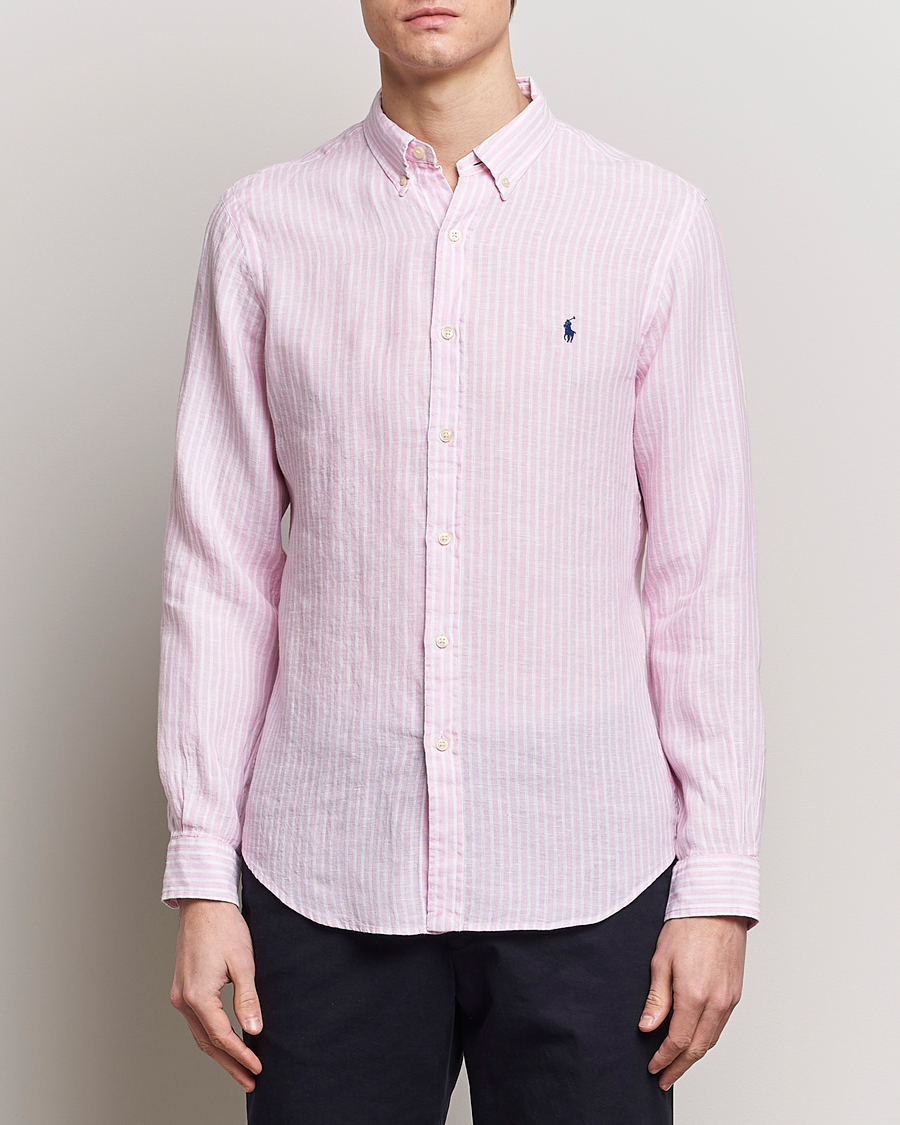 Herren | Leinenhemden | Polo Ralph Lauren | Slim Fit Striped Button Down Linen Shirt Pink/White