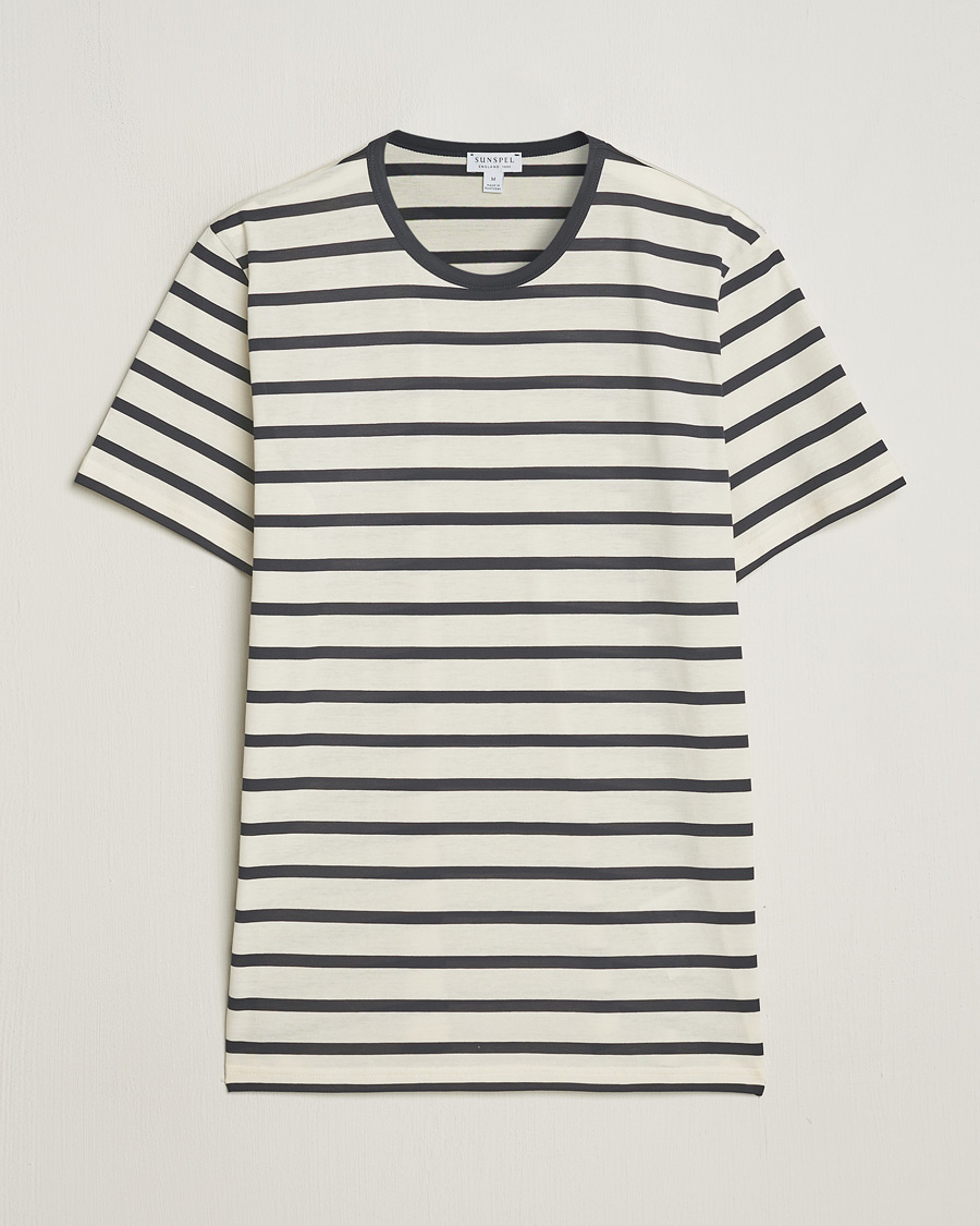 Herren | T-Shirts | Sunspel | Striped Crew Neck Cotton Tee Ecru/Navy