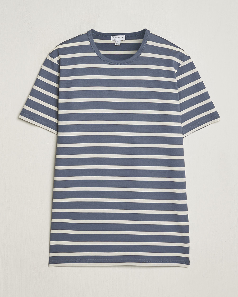 Herren | T-Shirts | Sunspel | Striped Crew Neck Cotton Tee Slate Blue