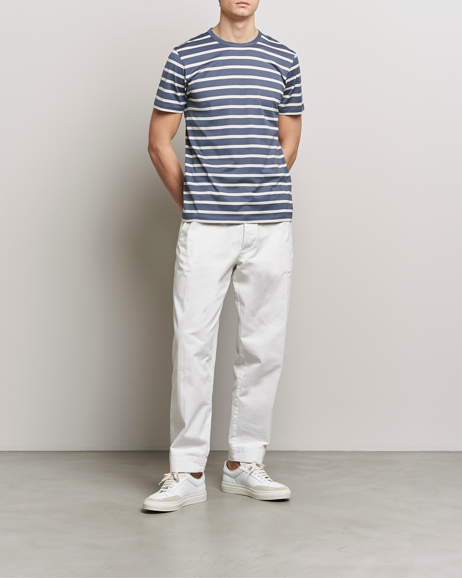 Herren | T-Shirts | Sunspel | Striped Crew Neck Cotton Tee Slate Blue