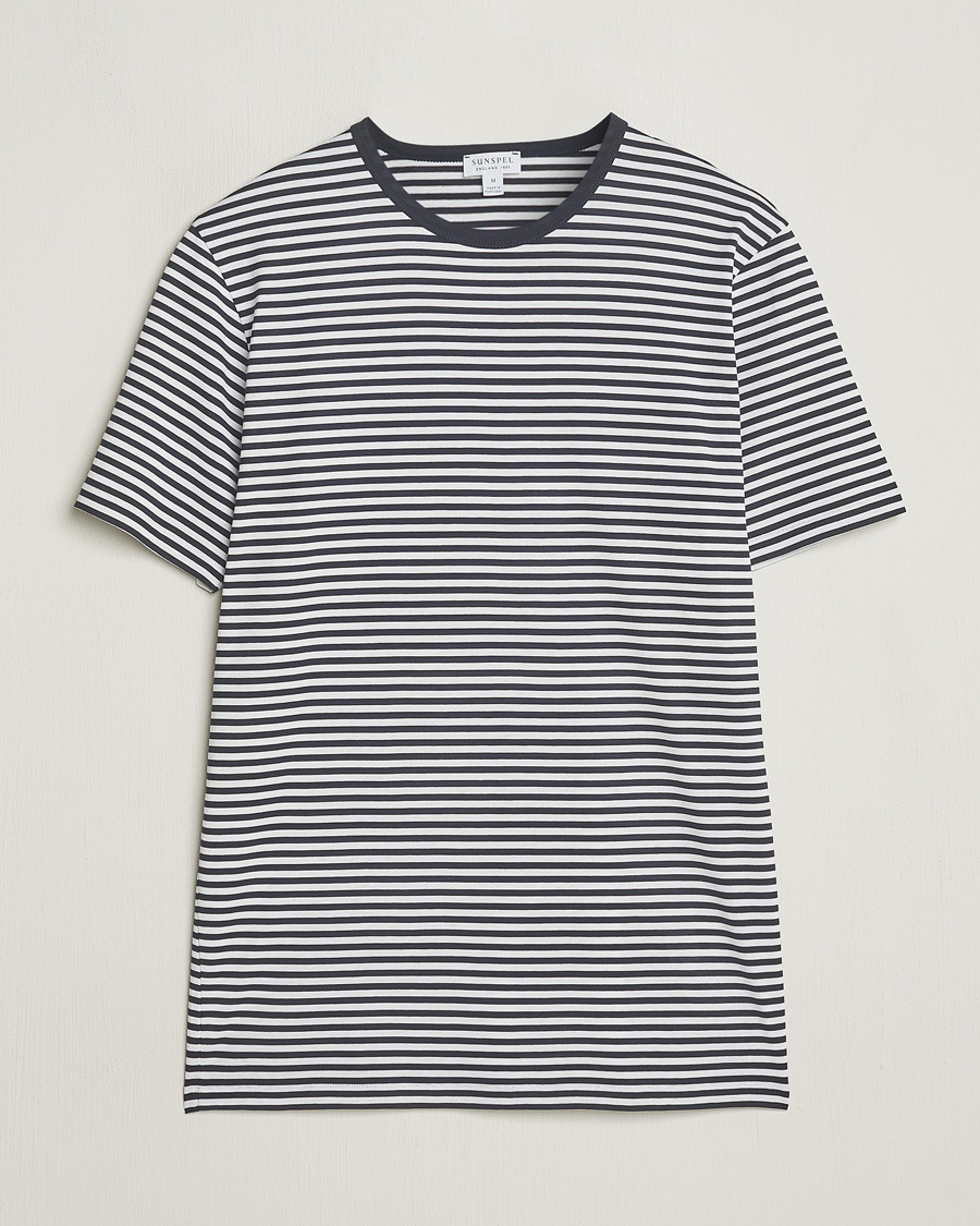 Herren | T-Shirts | Sunspel | Striped Crew Neck Q82 Cotton T-Shirt White/Navy
