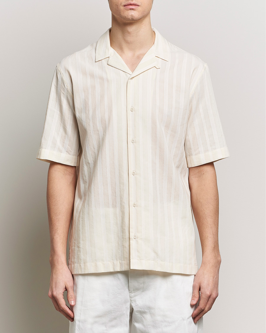 Herren | Sunspel | Sunspel | Embroidered Striped Short Sleeve Shirt Ecru