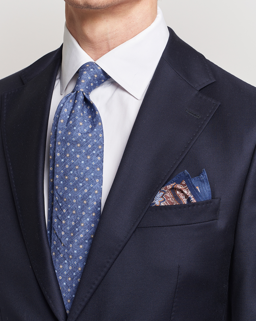 Herren | Amanda Christensen | Amanda Christensen | Box Set Printed Linen 8cm Tie With Pocket Square Navy