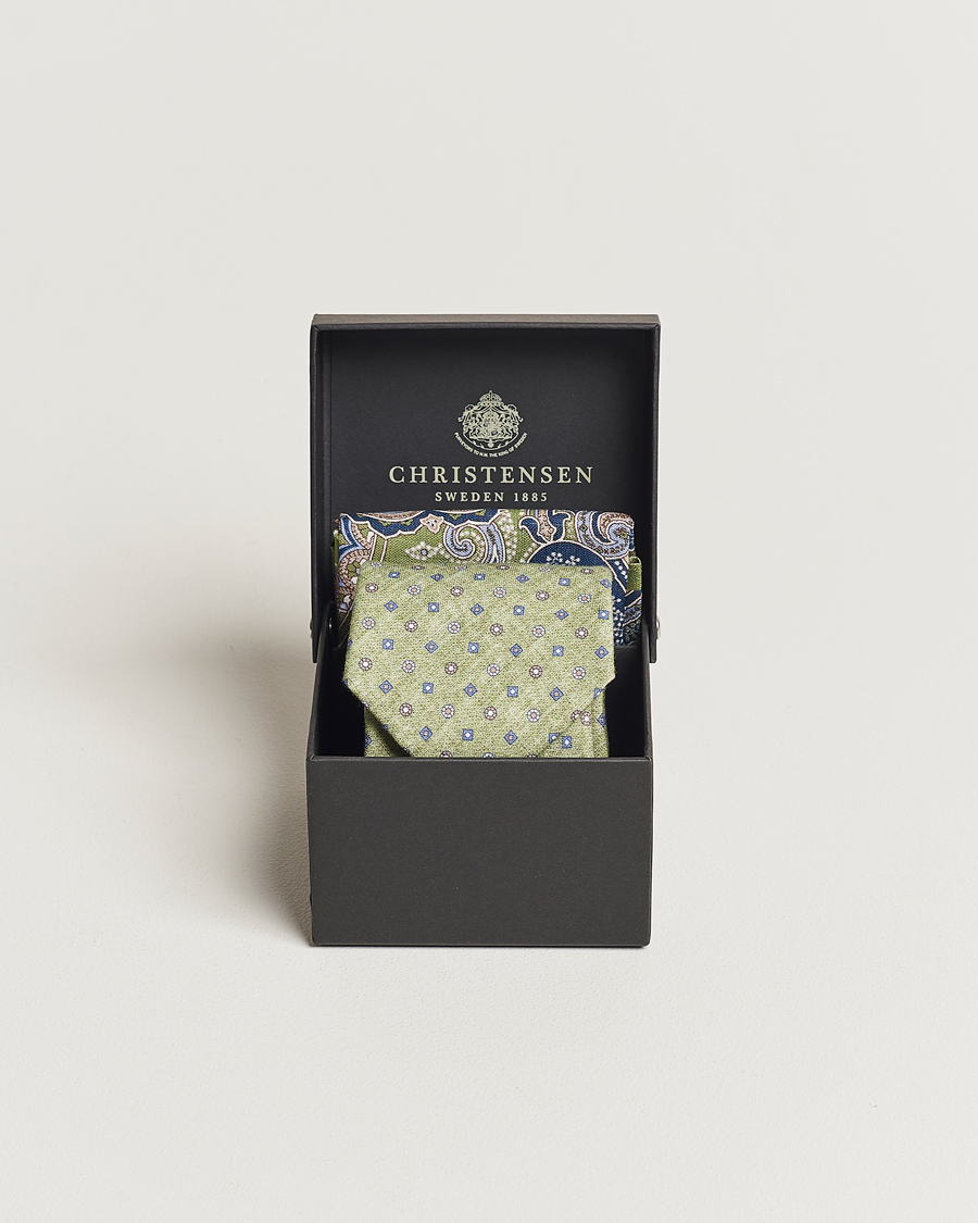 Herren | Amanda Christensen Box Set Printed Linen 8cm Tie With Pocket Square Green | Amanda Christensen | Box Set Printed Linen 8cm Tie With Pocket Square Green