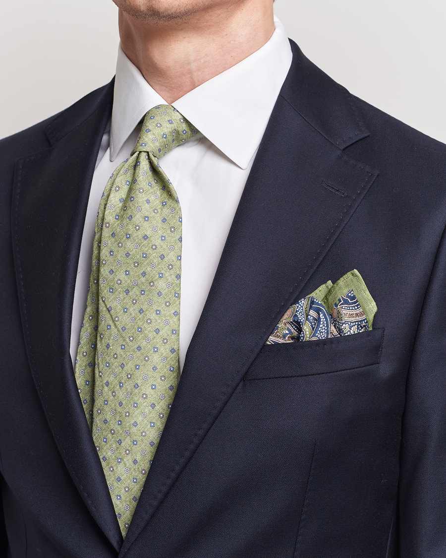 Herren | Amanda Christensen Box Set Printed Linen 8cm Tie With Pocket Square Green | Amanda Christensen | Box Set Printed Linen 8cm Tie With Pocket Square Green