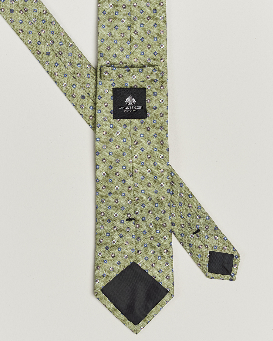 Herren | Amanda Christensen Box Set Printed Linen 8cm Tie With Pocket Square Green | Amanda Christensen | Box Set Printed Linen 8cm Tie With Pocket Square Green