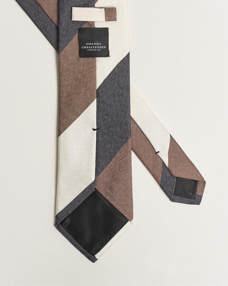 Herren | Amanda Christensen Silk Bouclé Block Striped 8cm Tie White/Blue/Brown | Amanda Christensen | Silk Bouclé Block Striped 8cm Tie White/Blue/Brown