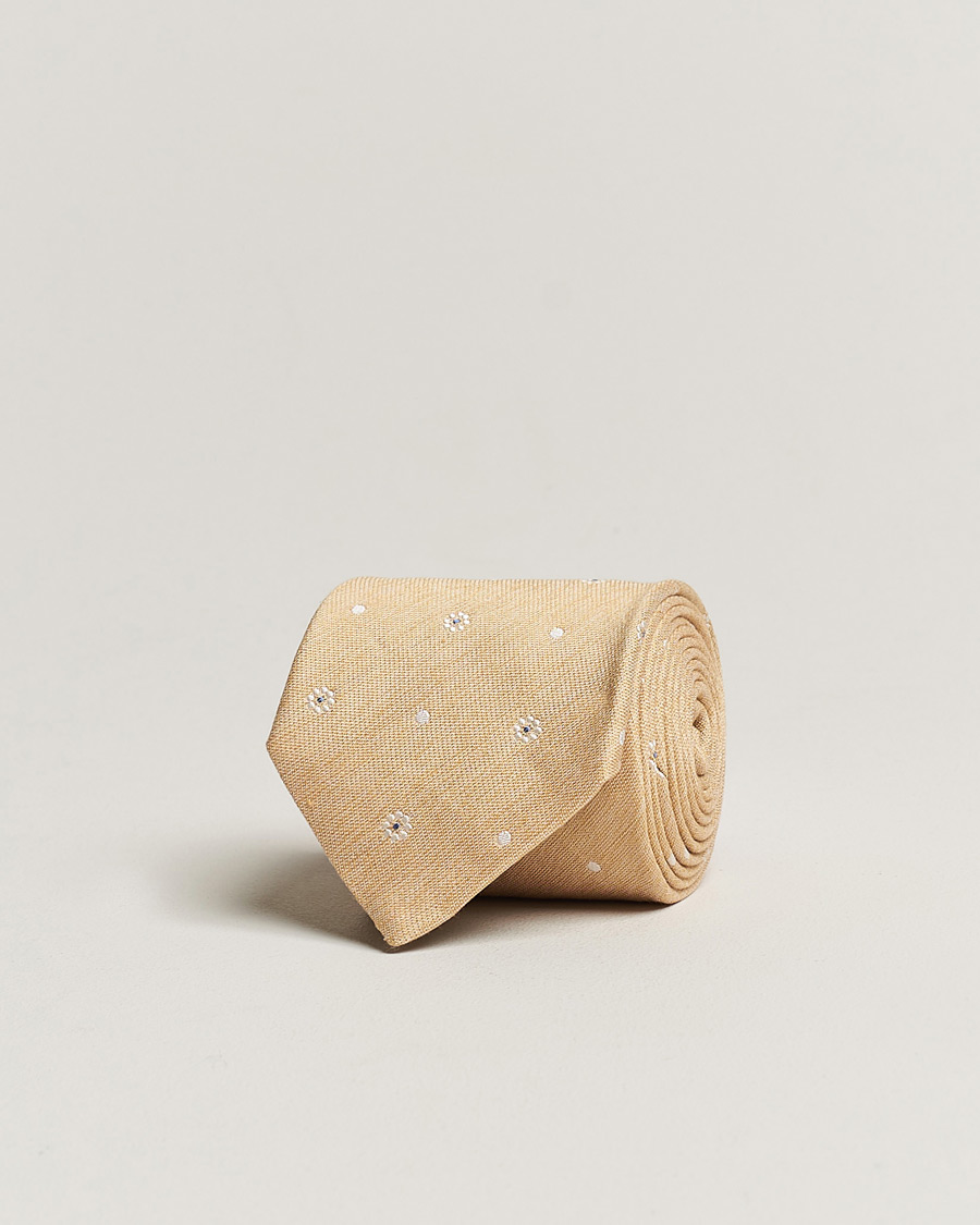 Herren | Amanda Christensen Cotton/Silk/Linen Printed Flower 8cm Tie Yellow | Amanda Christensen | Cotton/Silk/Linen Printed Flower 8cm Tie Yellow