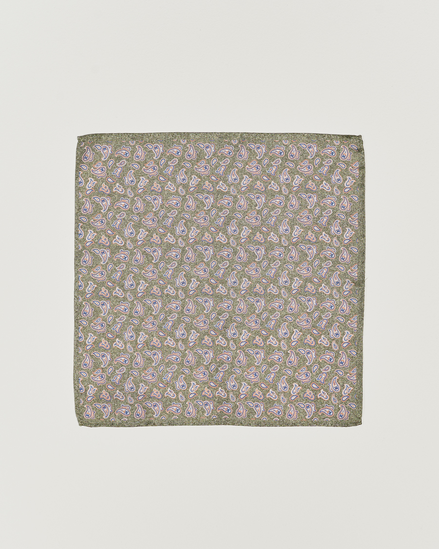 Herren | Amanda Christensen Silk Oxford Printed Paisley Pocket Square Green | Amanda Christensen | Silk Oxford Printed Paisley Pocket Square Green