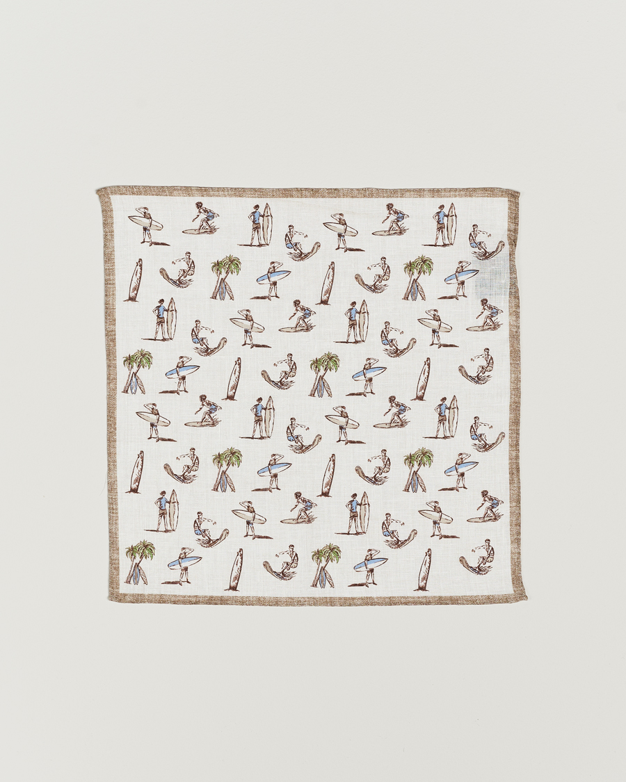 Herren | Amanda Christensen Linen Printed Surfer Pocket Square White | Amanda Christensen | Linen Printed Surfer Pocket Square White
