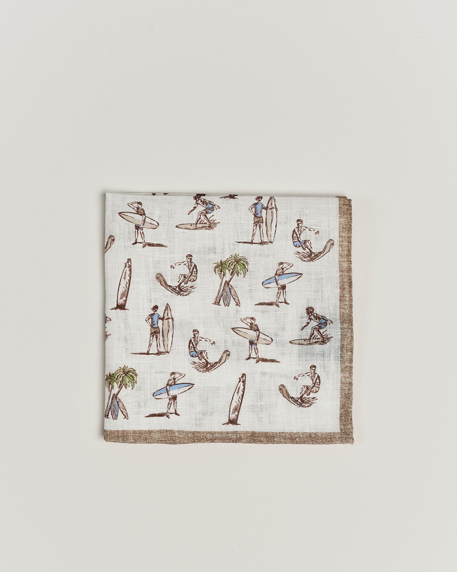 Herren | Amanda Christensen Linen Printed Surfer Pocket Square White | Amanda Christensen | Linen Printed Surfer Pocket Square White