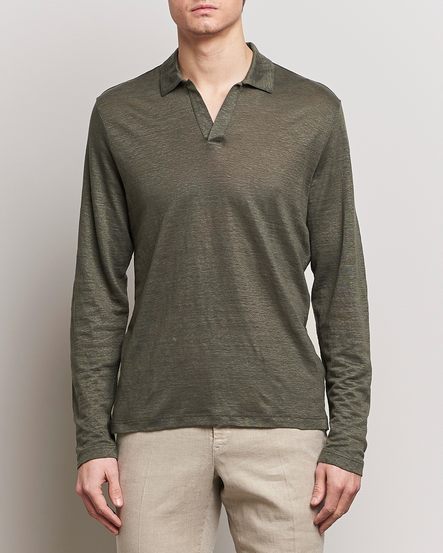 Herren | Langarm-Poloshirts | Gran Sasso | Washed Linen Long Sleeve Polo Dark Green Melange