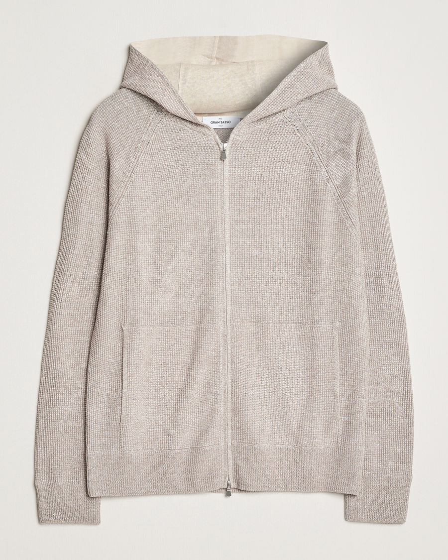 Herren | Pullover | Gran Sasso | Linen/Cotton Knitted Hooded Full Zip Beige Melange