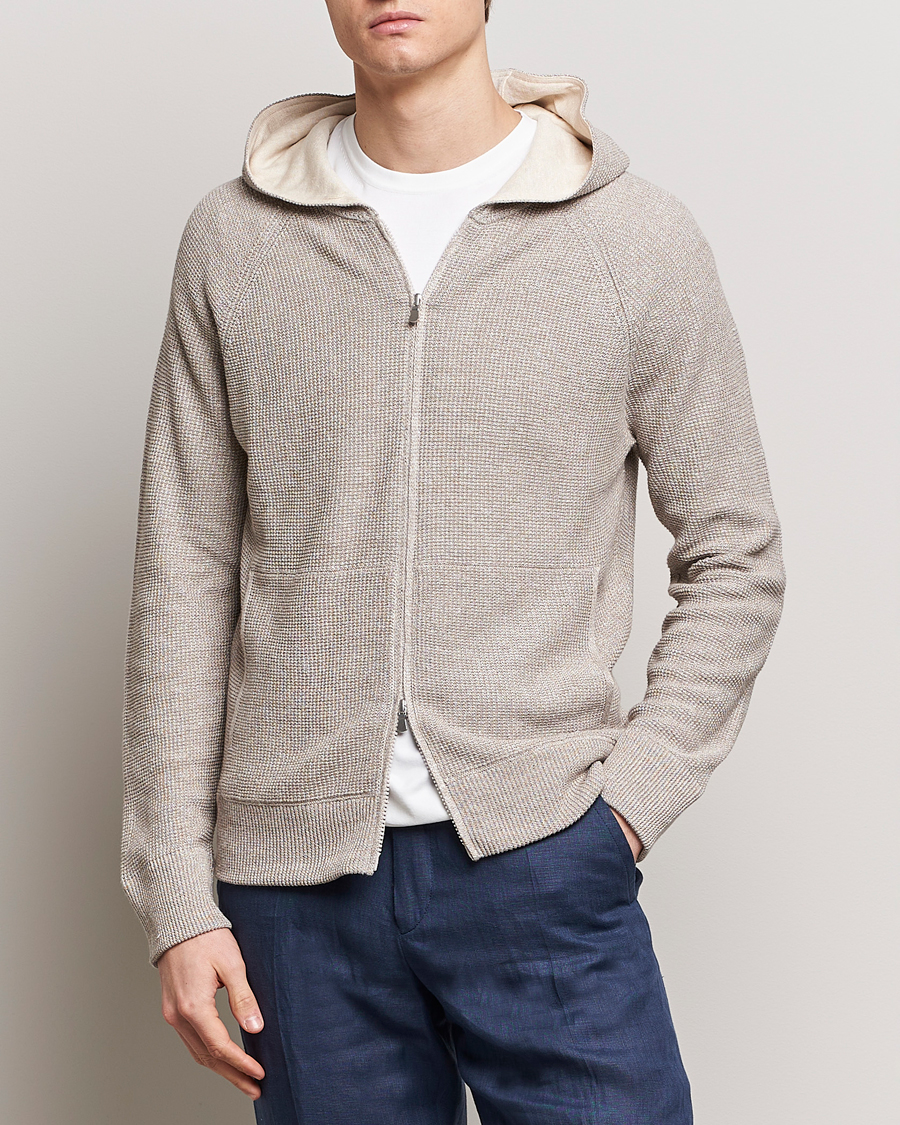 Herren | Kapuzenpullover | Gran Sasso | Linen/Cotton Knitted Hooded Full Zip Beige Melange