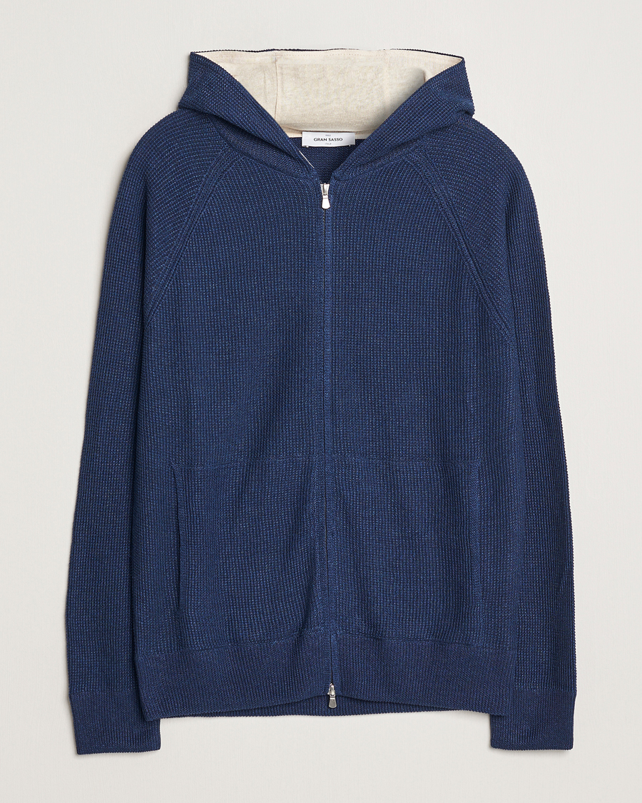 Herren | Pullover | Gran Sasso | Linen/Cotton Knitted Hooded Full Zip Navy