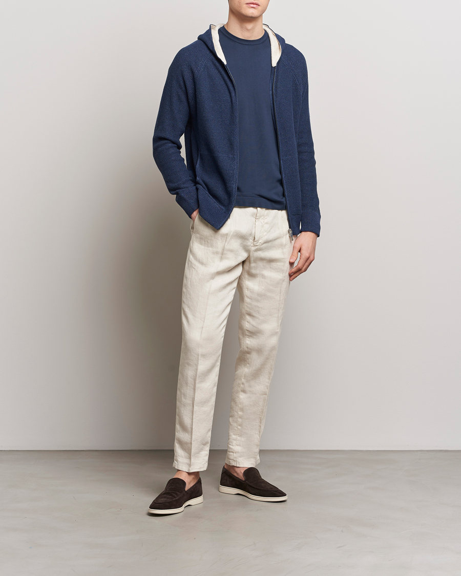 Herren | Pullover | Gran Sasso | Linen/Cotton Knitted Hooded Full Zip Navy