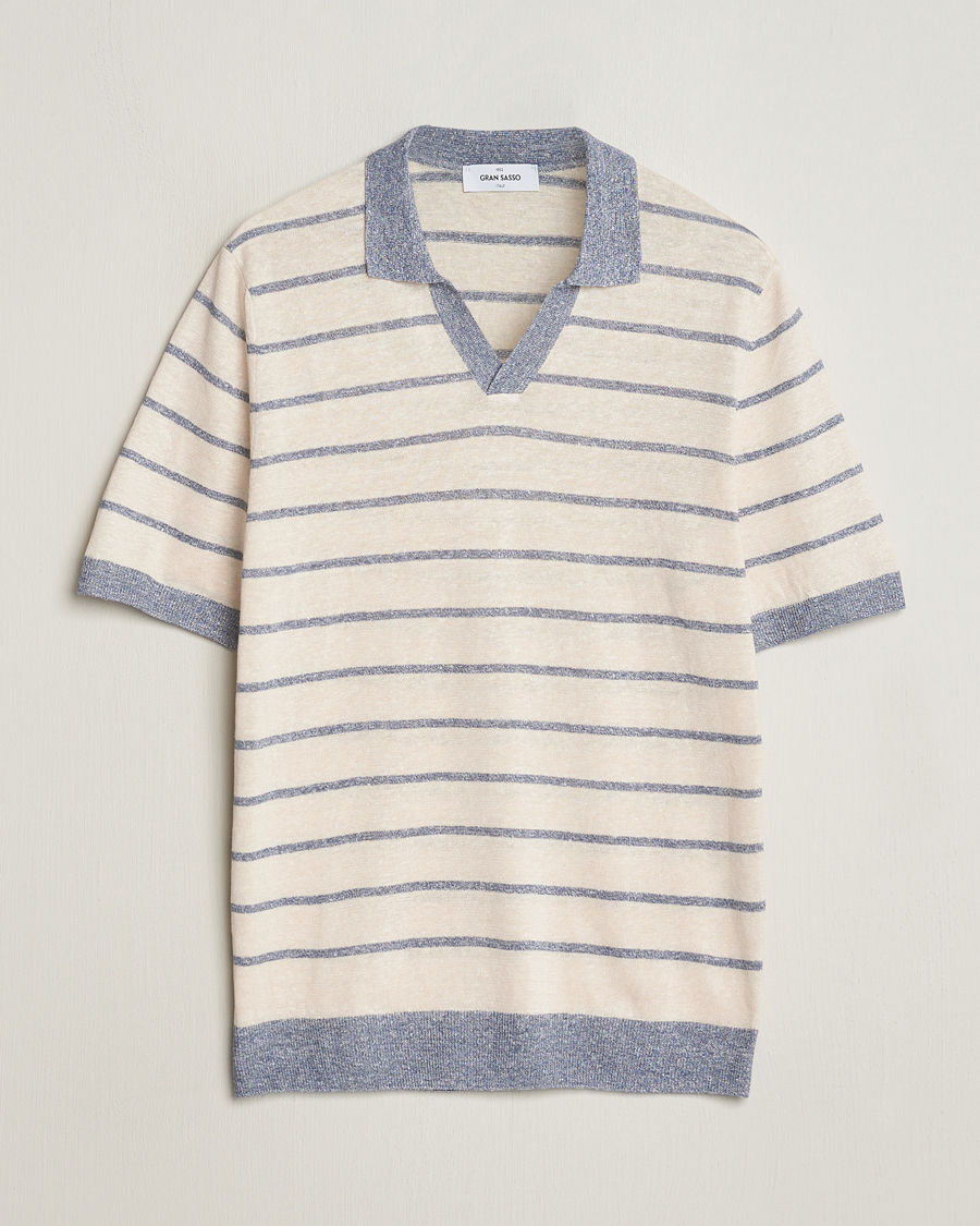 Herren | Poloshirts | Gran Sasso | Linen/Cotton Knitted Striped Open Collar Polo Cream/Blue