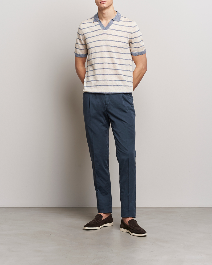 Herren | Poloshirts | Gran Sasso | Linen/Cotton Knitted Striped Open Collar Polo Cream/Blue