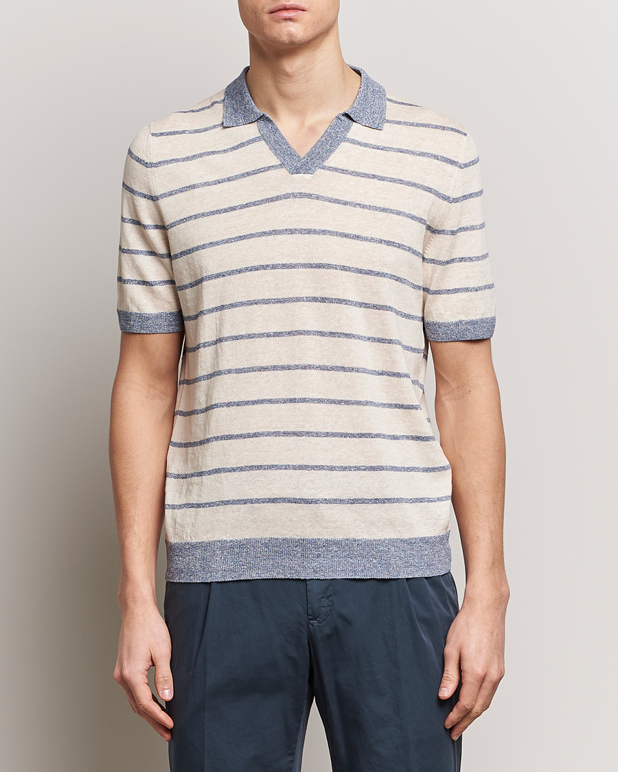 Herren |  | Gran Sasso | Linen/Cotton Knitted Striped Open Collar Polo Cream/Blue