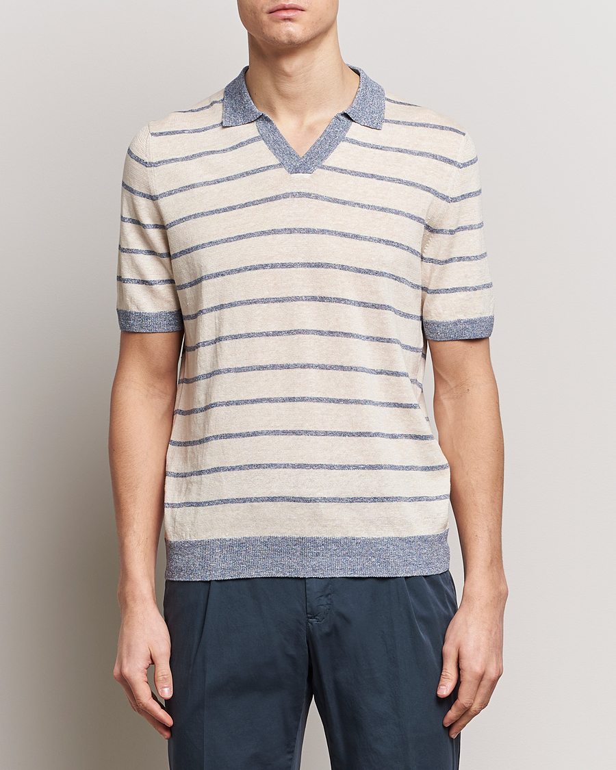 Herren | Poloshirts | Gran Sasso | Linen/Cotton Knitted Striped Open Collar Polo Cream/Blue