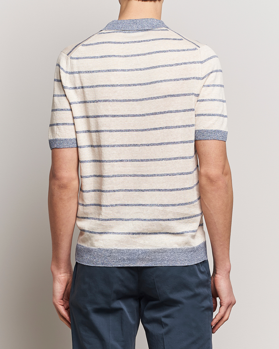 Herren | Poloshirts | Gran Sasso | Linen/Cotton Knitted Striped Open Collar Polo Cream/Blue