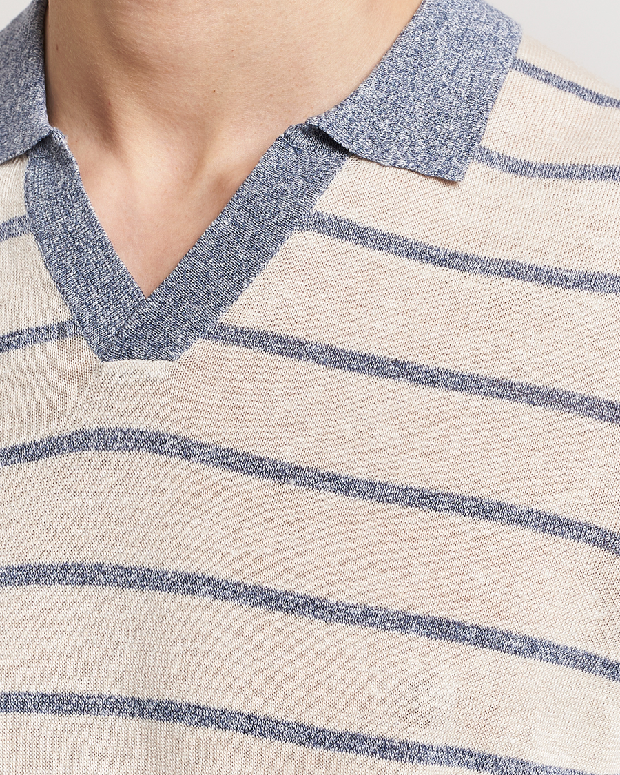 Herren | Poloshirts | Gran Sasso | Linen/Cotton Knitted Striped Open Collar Polo Cream/Blue