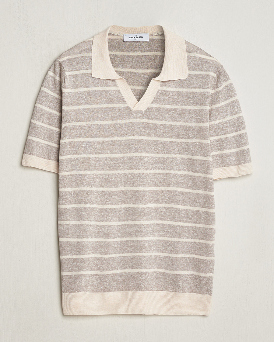 Herren | Poloshirts | Gran Sasso | Linen/Cotton Knitted Striped Open Collar Polo Beige/Cream