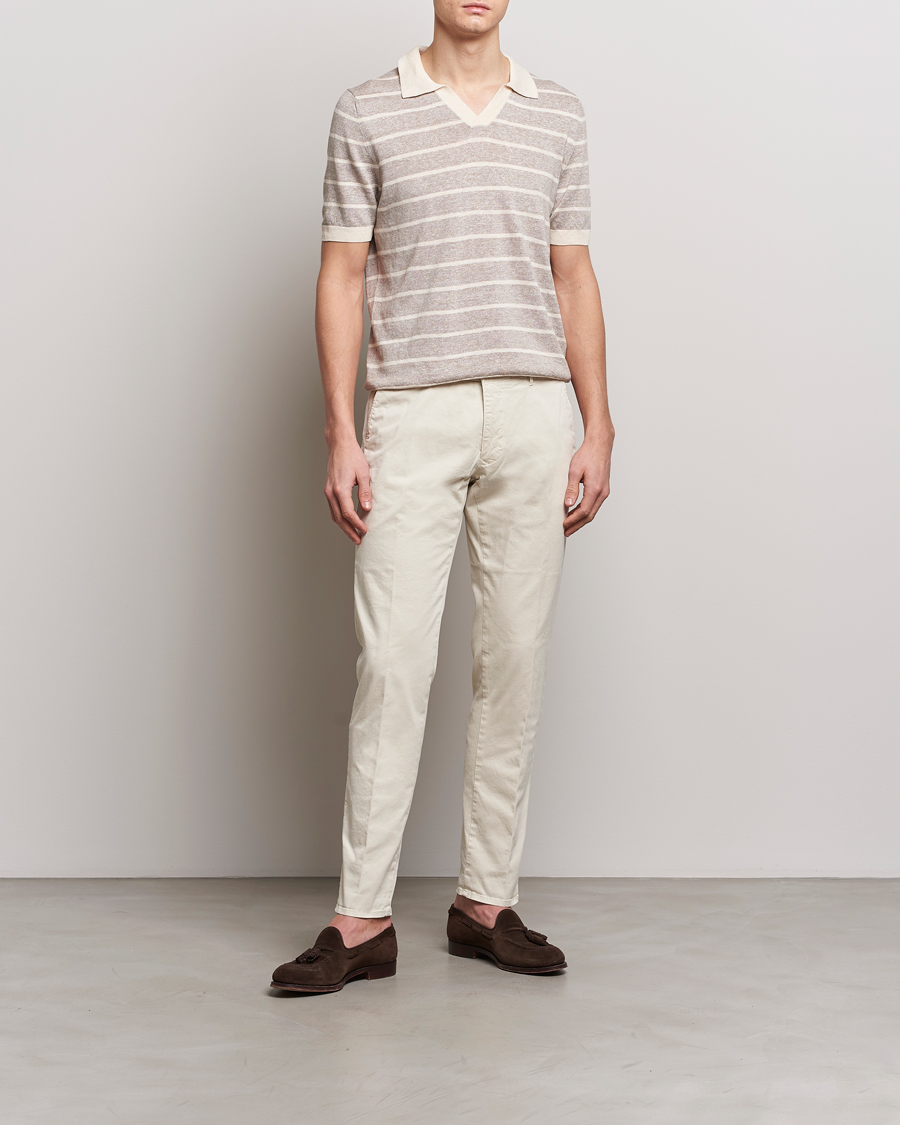 Herren | Poloshirts | Gran Sasso | Linen/Cotton Knitted Striped Open Collar Polo Beige/Cream