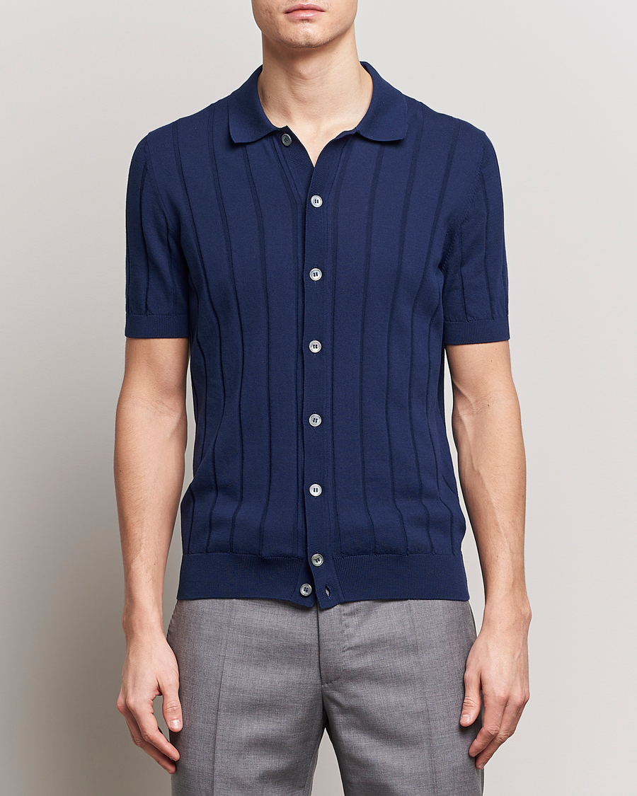 Herr | Kortärmade skjortor | Gran Sasso | Cotton Structured Knitted Short Sleeve Shirt Light Navy