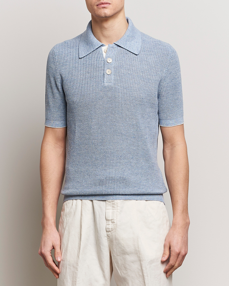 Herren | Poloshirt | Brunello Cucinelli | Cotton/Linen Rib Knitted Polo Light Blue