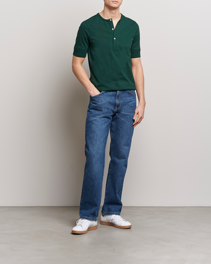 Herren | T-Shirts | Merz b. Schwanen | Short Sleeve Organic Cotton Henley Classic Green