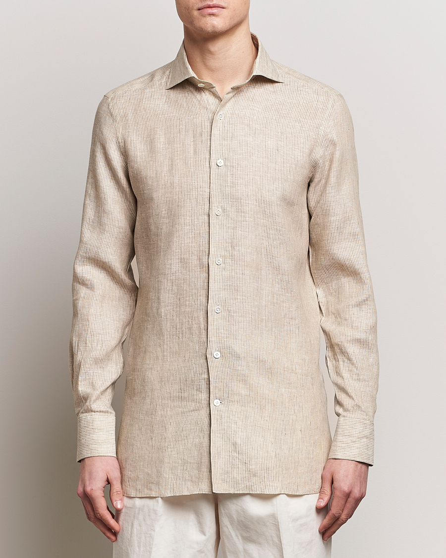 Herren | Smart Casual | 100Hands | Striped Linen Shirt Brown