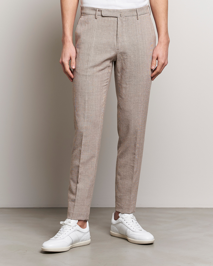 Herren | Italian Department | Incotex | Slim Fit Cotton/Linen Micro Houndstooth Trousers Beige