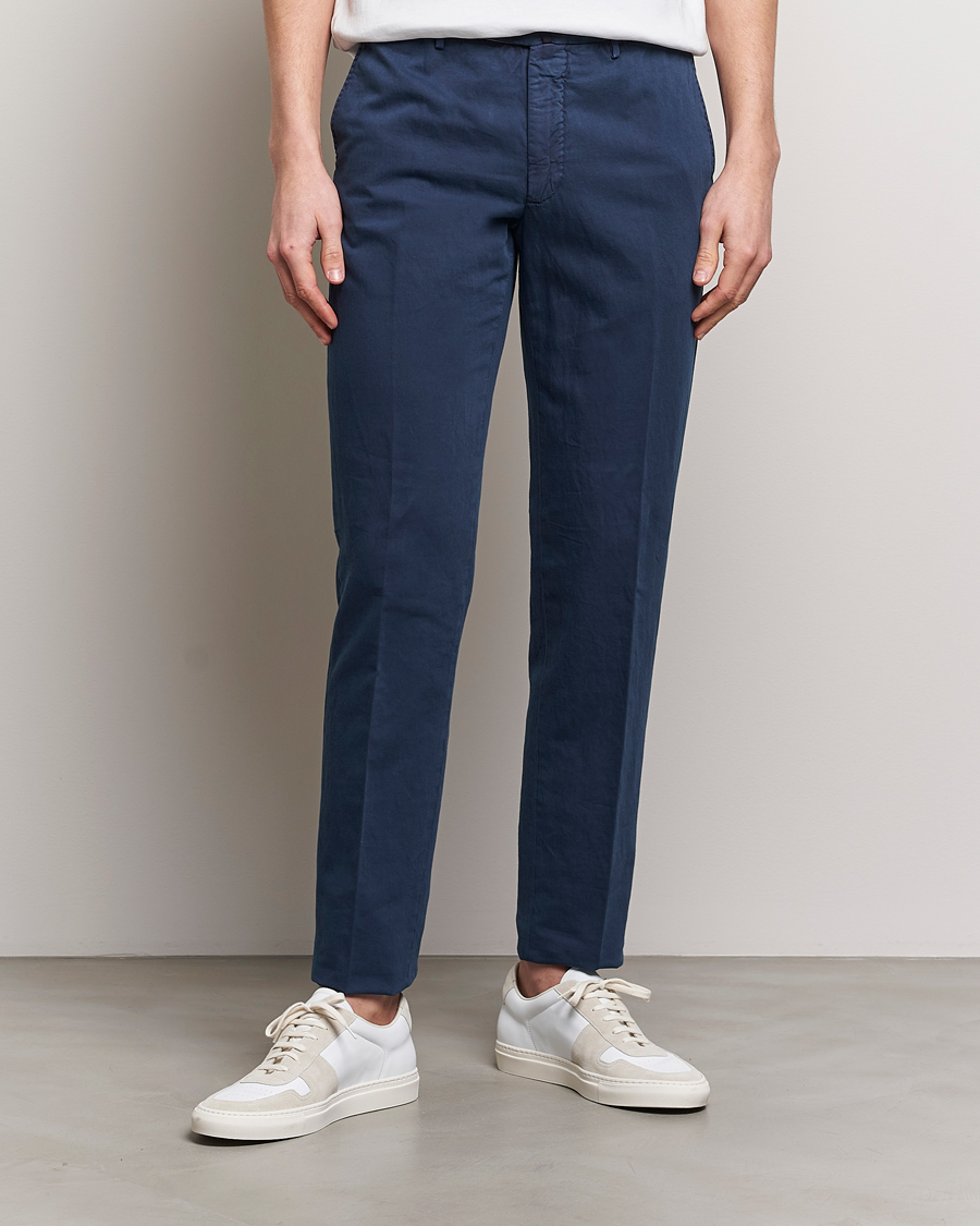 Herren | Slowear | Incotex | Regular Fit Comfort Cotton/Linen Trousers Navy
