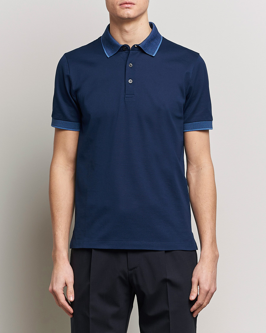 Herren | Poloshirt | Canali | Contrast Collar Short Sleeve Polo Dark Blue