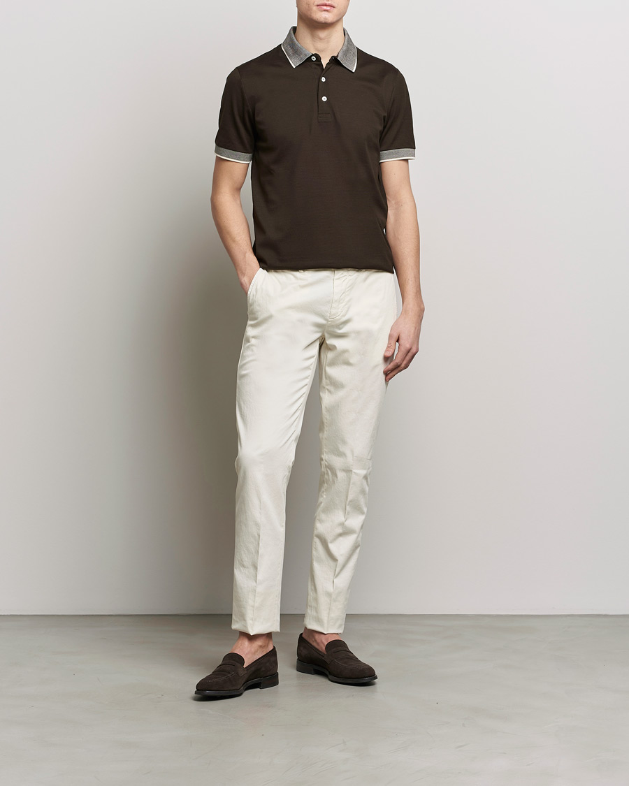 Herren | Poloshirts | Canali | Contrast Collar Short Sleeve Polo Dark Brown