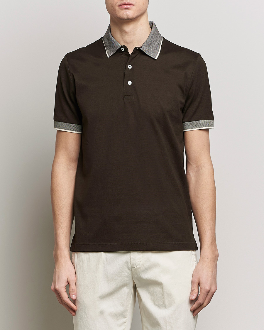 Herren | Quiet Luxury | Canali | Contrast Collar Short Sleeve Polo Dark Brown